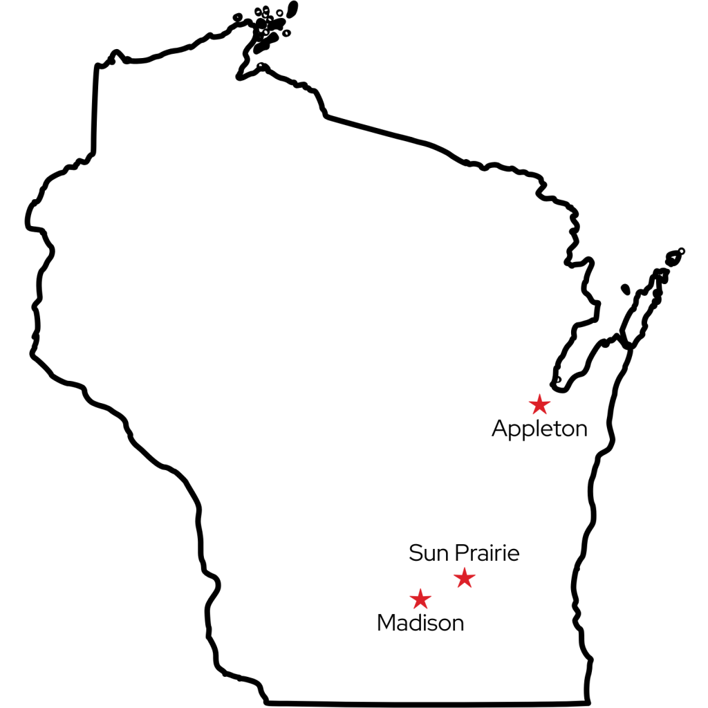 Map of Wisconsin with Madison, Sun Prairie, and Appleton starred